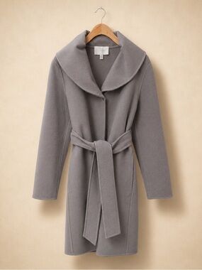 JOSEF Wool Blend Wrap Coat Gray Belted Quiet Luxury Jacket PS